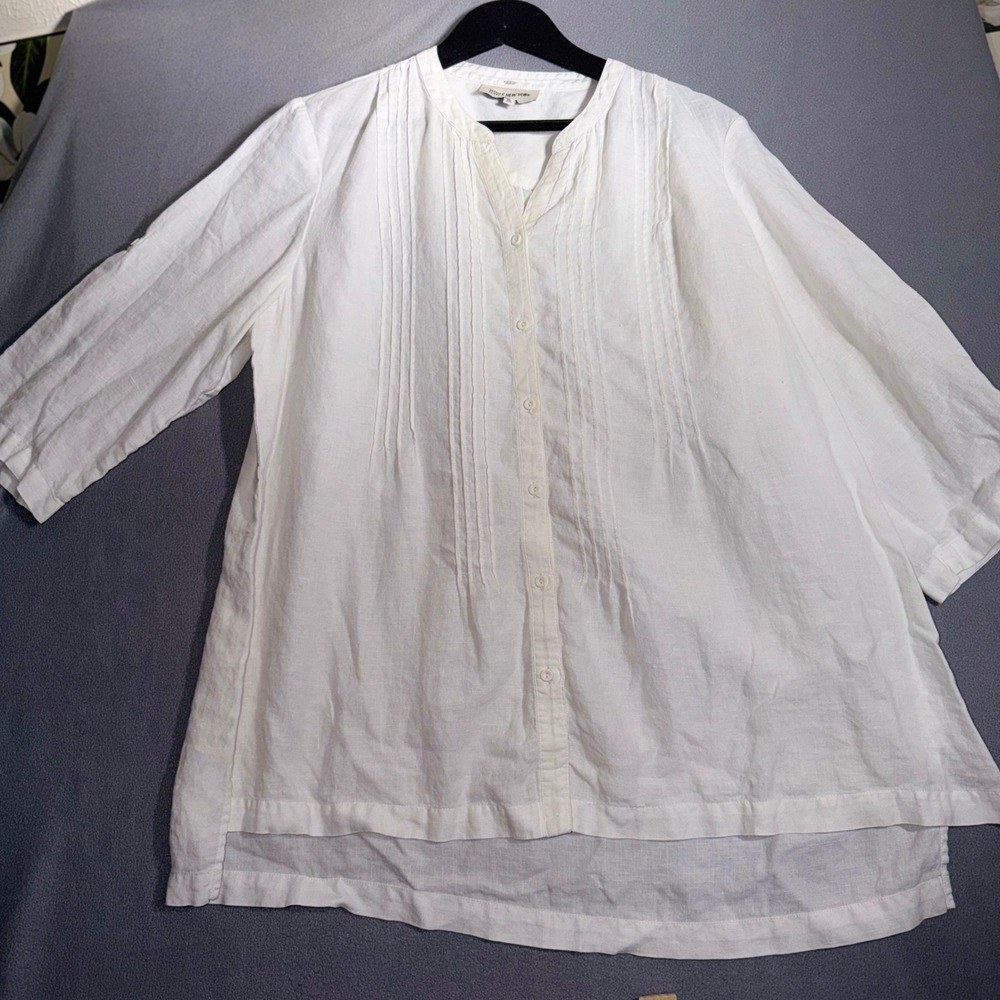 Jones New York XL White Linen Pintuck Henley Blouse Coastal Grandma Boho Chic